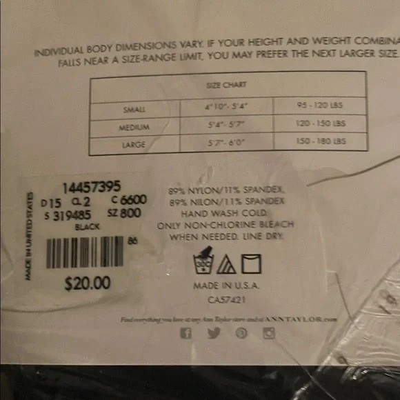 Ann Taylor Black Control Top Perfect Tights, NWT, Size Large - Picture 5 of 5